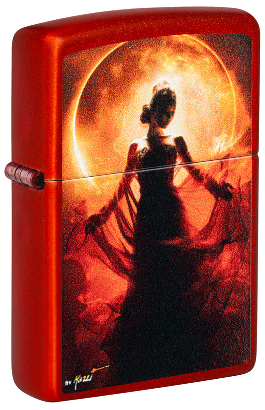 Front shot of Zippo Mazzi® Woman Silhouette Metallic Red Windproof Lighter standing at a 3/4 angle.