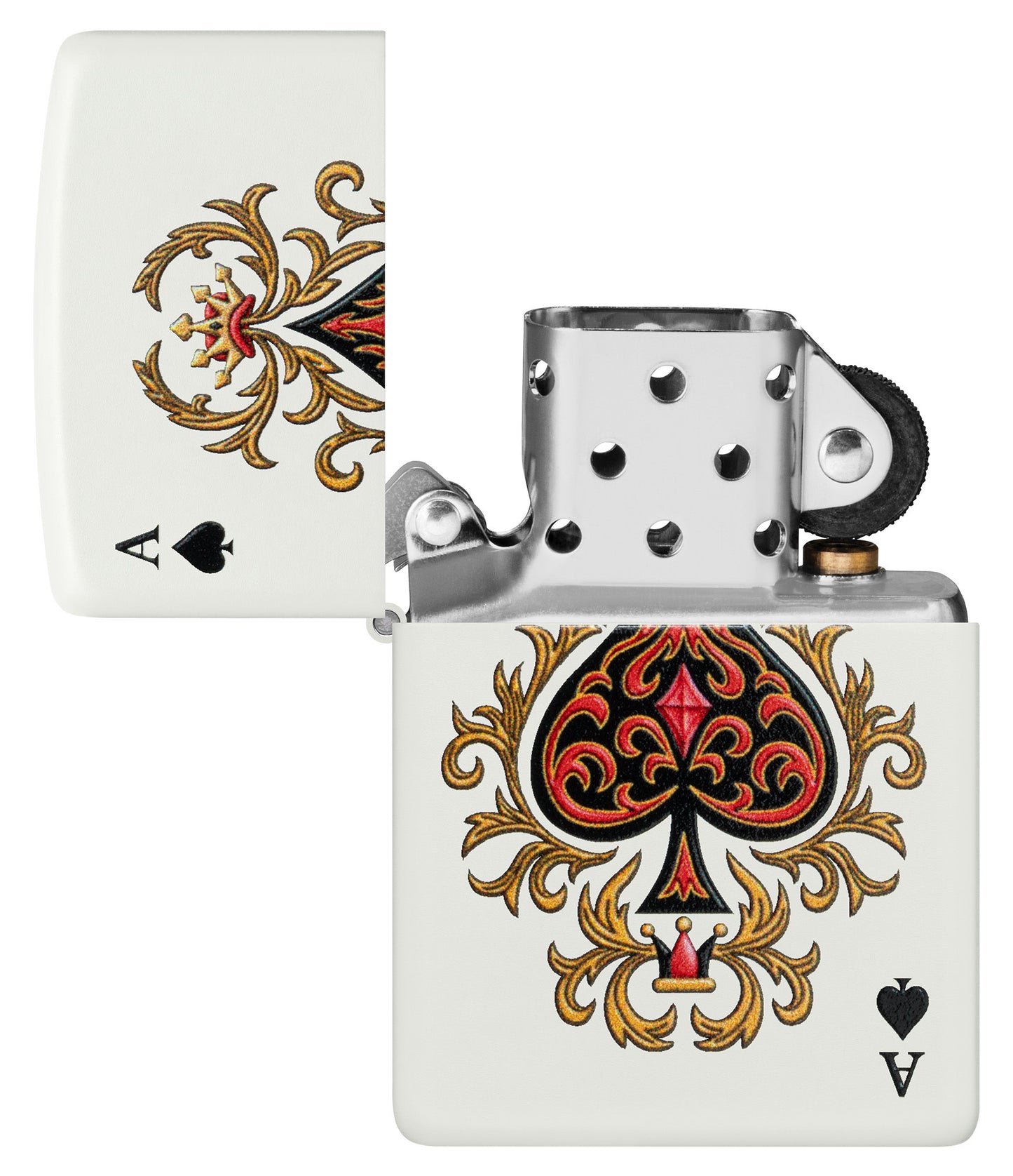 Zippo Ace of Jokes 2-Sided White Matte Windproof Lighter with its lid open and unlit.