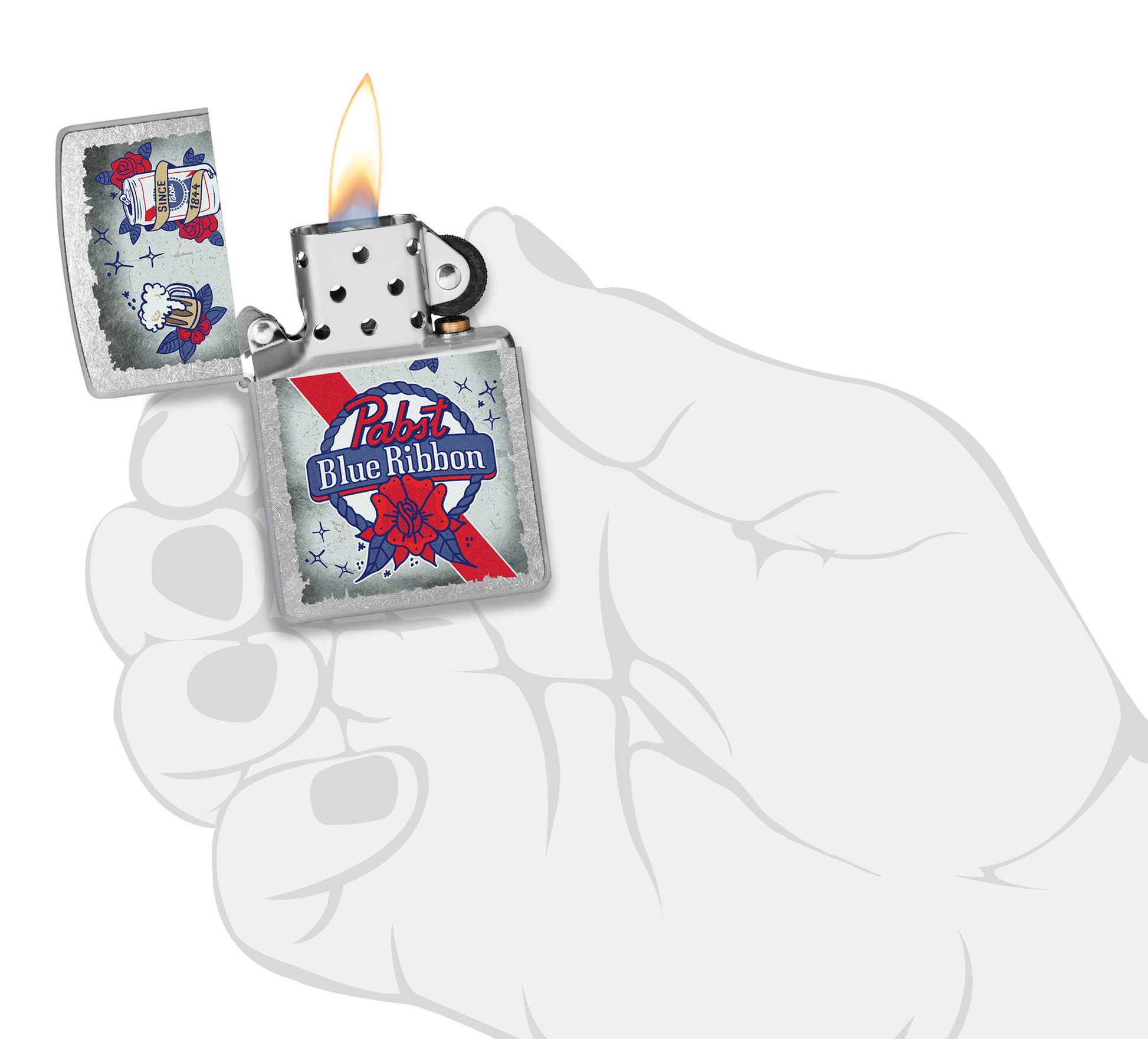 Pabst Blue Ribbon® Artwork Design Street Chrome Windproof Lighter lit in hand.

