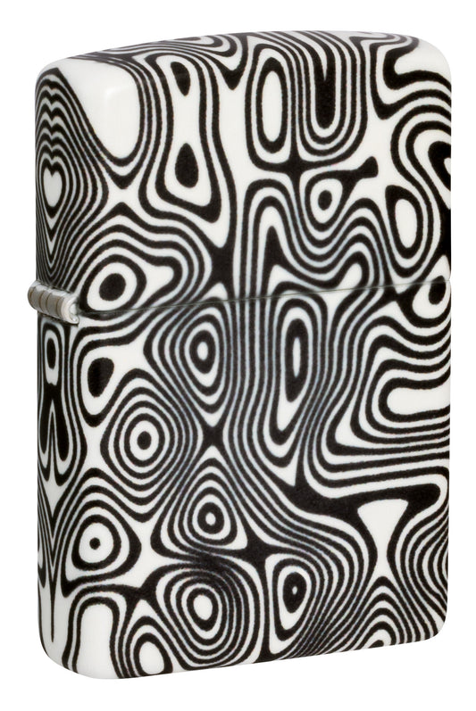 Front shot of Zippo Glowing Swirls Design 540 Color Glow in the Dark Windproof Lighter standing at a 3/4 angle.