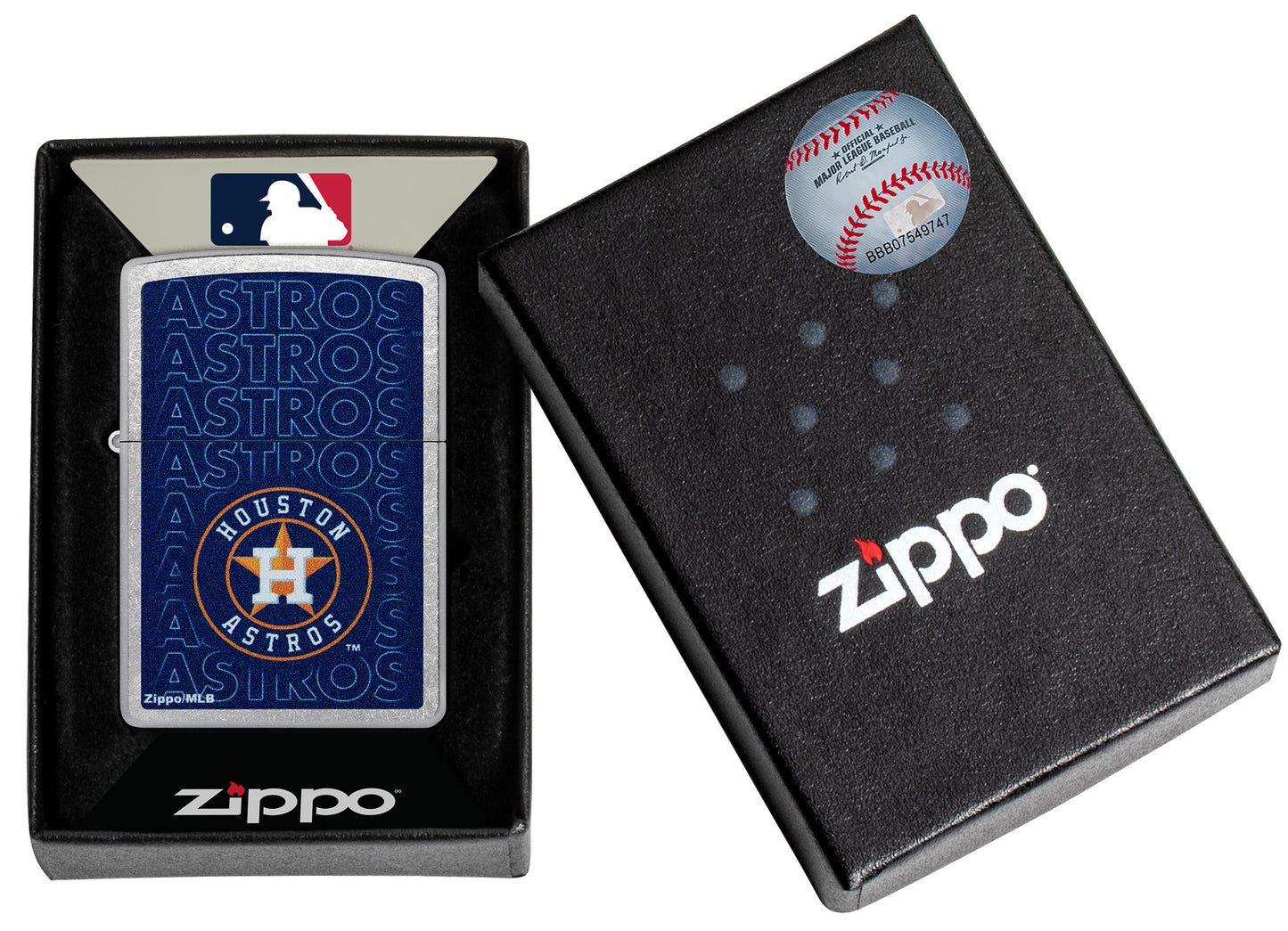 Zippo MLB® Houston Astros Street Chrome Windproof Lighter in its packaging.