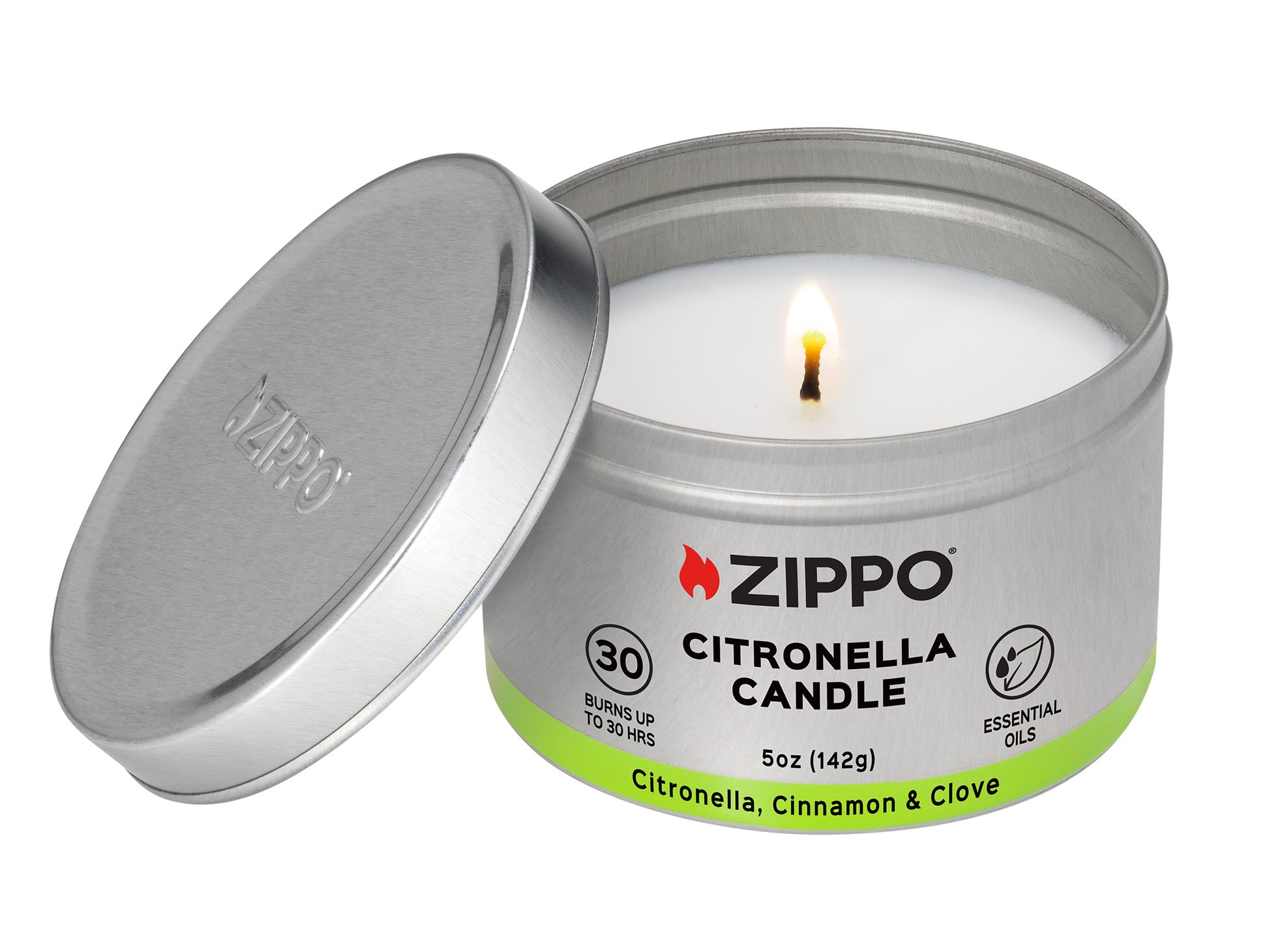 Front view of Zippo Citronella Candle - Cinnamon and Clove lit with the lid leaning against the candle.

