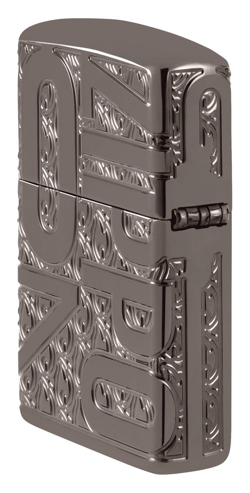 Angled shot of Zippo Reverse Carve Zippo Design Armor® Black Ice® Windproof Lighter showing the back and hinge side of the lighter.