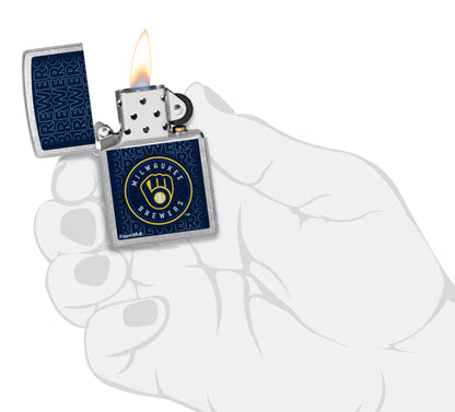 Zippo MLB® Milwaukee Brewers Street Chrome Windproof Lighter lit in hand.