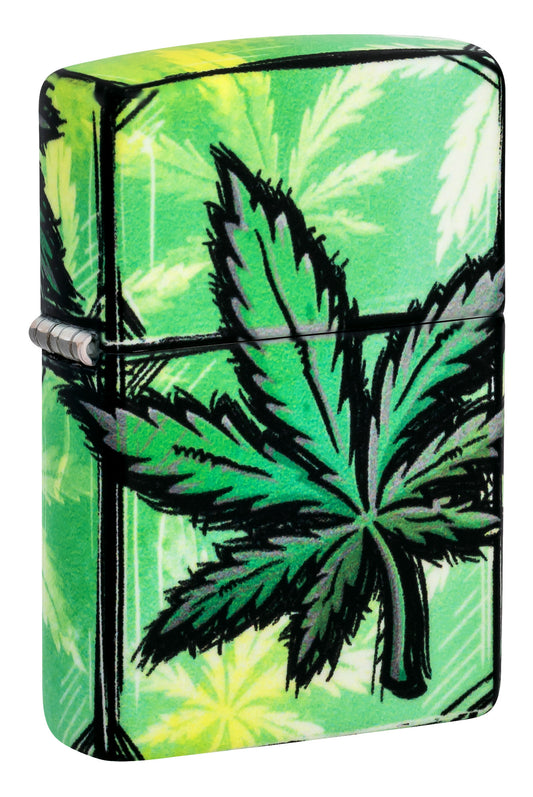 Front shot of Zippo Glowing Leaves Design 540 Color Glow in the Dark Windproof Lighter standing at a 3/4 angle.