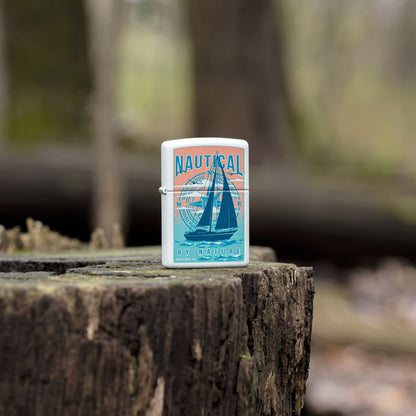 Lifestyle image of Zippo Buck Wear Nautical Design White Matte Windproof Lighter standing on a moss-covered stump.