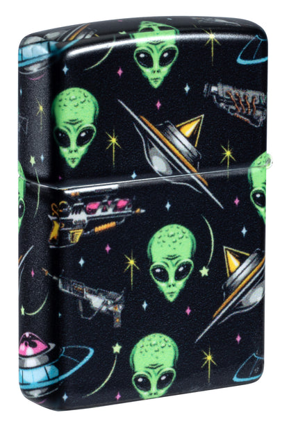 Back shot of Zippo Alien Pattern Design 540 Matte Windproof Lighter standing at a 3/4 angle.