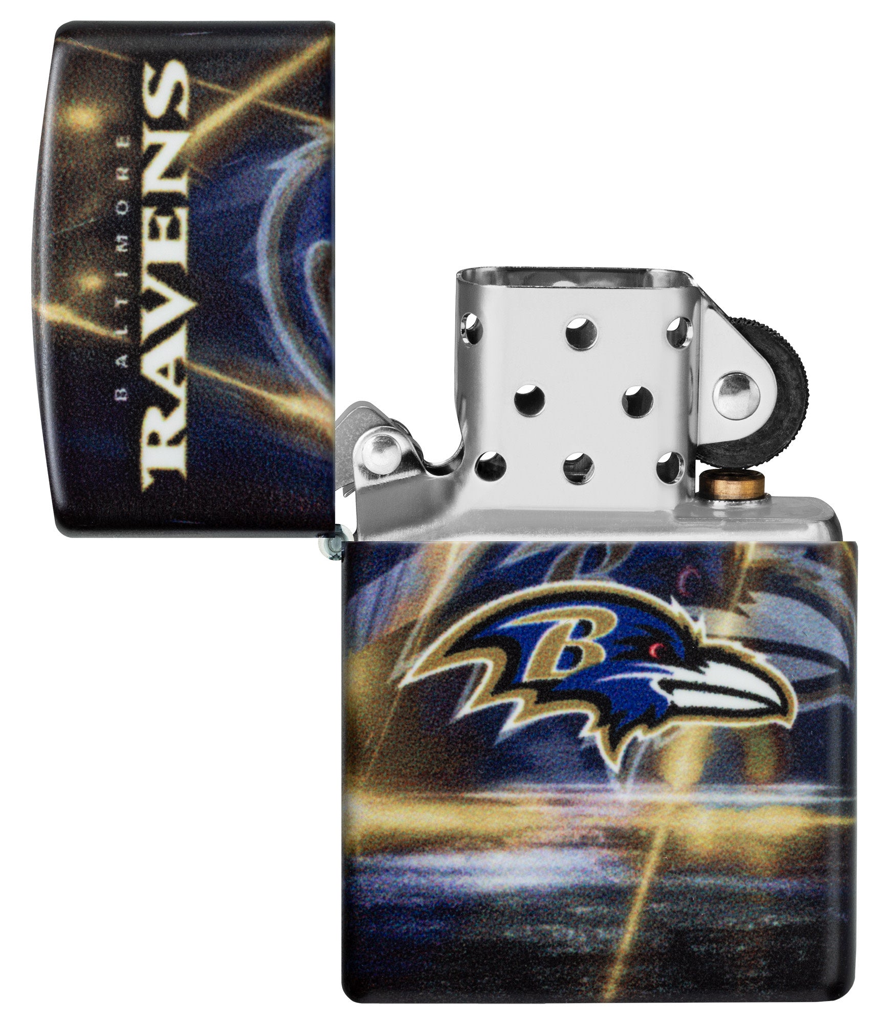 Zippo NFL Baltimore Ravens 540 Matte Windproof Lighter with its lid open and unlit.