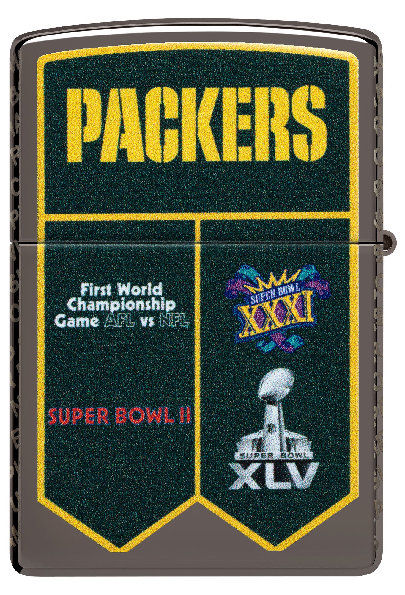 Back shot of Zippo NFL Green Bay Packers Super Bowl Commemorative Armor Black Ice Windproof Lighter.