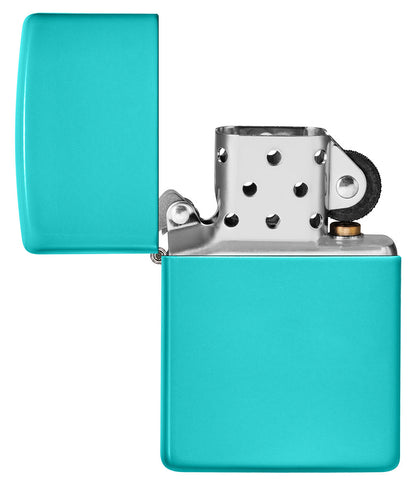 Classic Flat Turquoise Windproof Lighter with its lid open and unlit