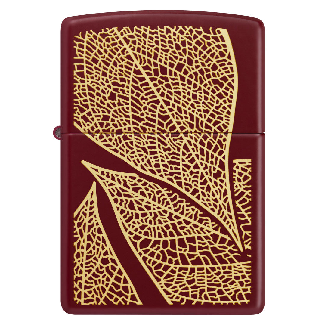 Front View of Zippo Fall Leaves SMS Merlot Windproof Pocket Lighter.
