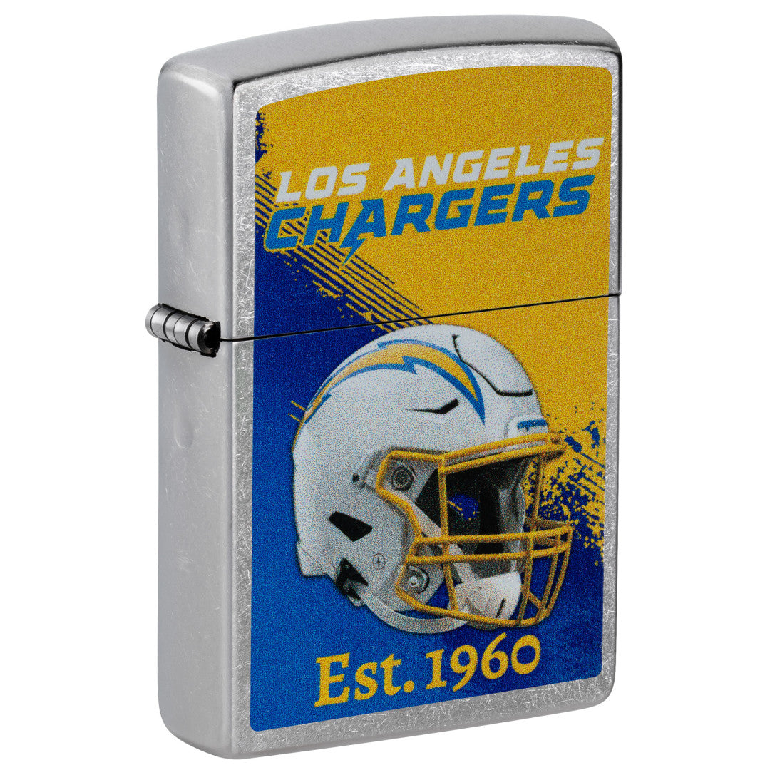 Front shot of Zippo NFL Los Angeles Chargers Helmet Design Street Chrome Windproof Lighter standing at a 3/4 angle.