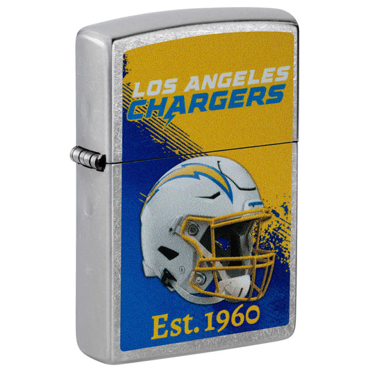 Front shot of Zippo NFL Los Angeles Chargers Helmet Design Street Chrome Windproof Lighter standing at a 3/4 angle.