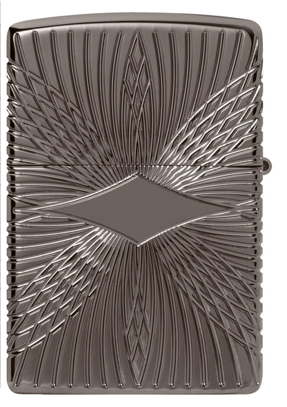 Zippo Pattern Armor Black Ice Windproof Lighter with its lid open and unlit.