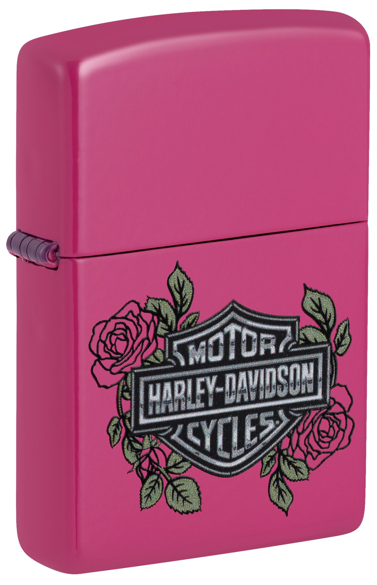 Front shot of Zippo Harley-Davidson® Roses Frequency Windproof Lighter standing at a 3/4 angle.