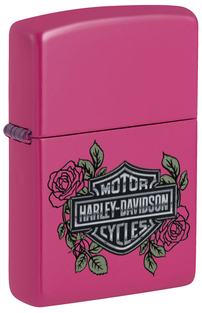 Front shot of Zippo Harley-Davidson® Roses Frequency Windproof Lighter standing at a 3/4 angle.