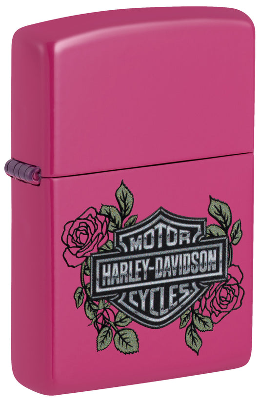 Front shot of Zippo Harley-Davidson® Roses Frequency Windproof Lighter standing at a 3/4 angle.