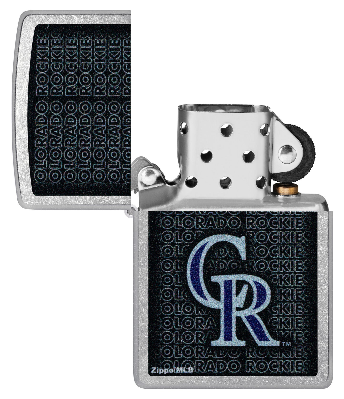 Zippo MLB® Colorado Rockies Street Chrome Windproof Lighter with its lid open and unlit.