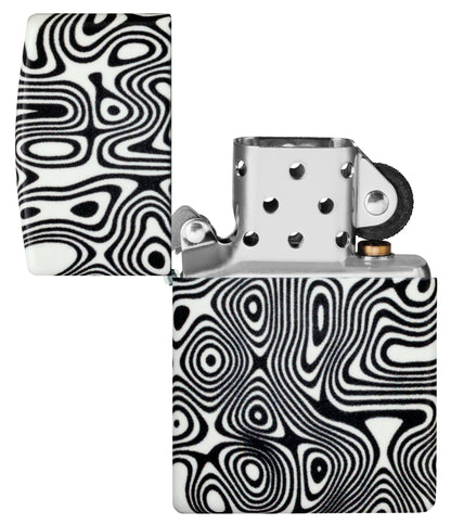 Zippo Glowing Swirls Design 540 Color Glow in the Dark Windproof Lighter with its lid open and unlit.