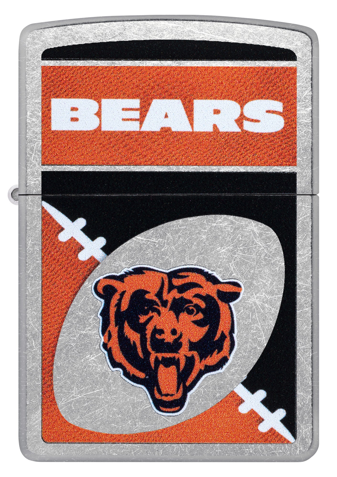 Front view of Zippo NFL Chicago Bears Street Chrome Windproof Lighter.