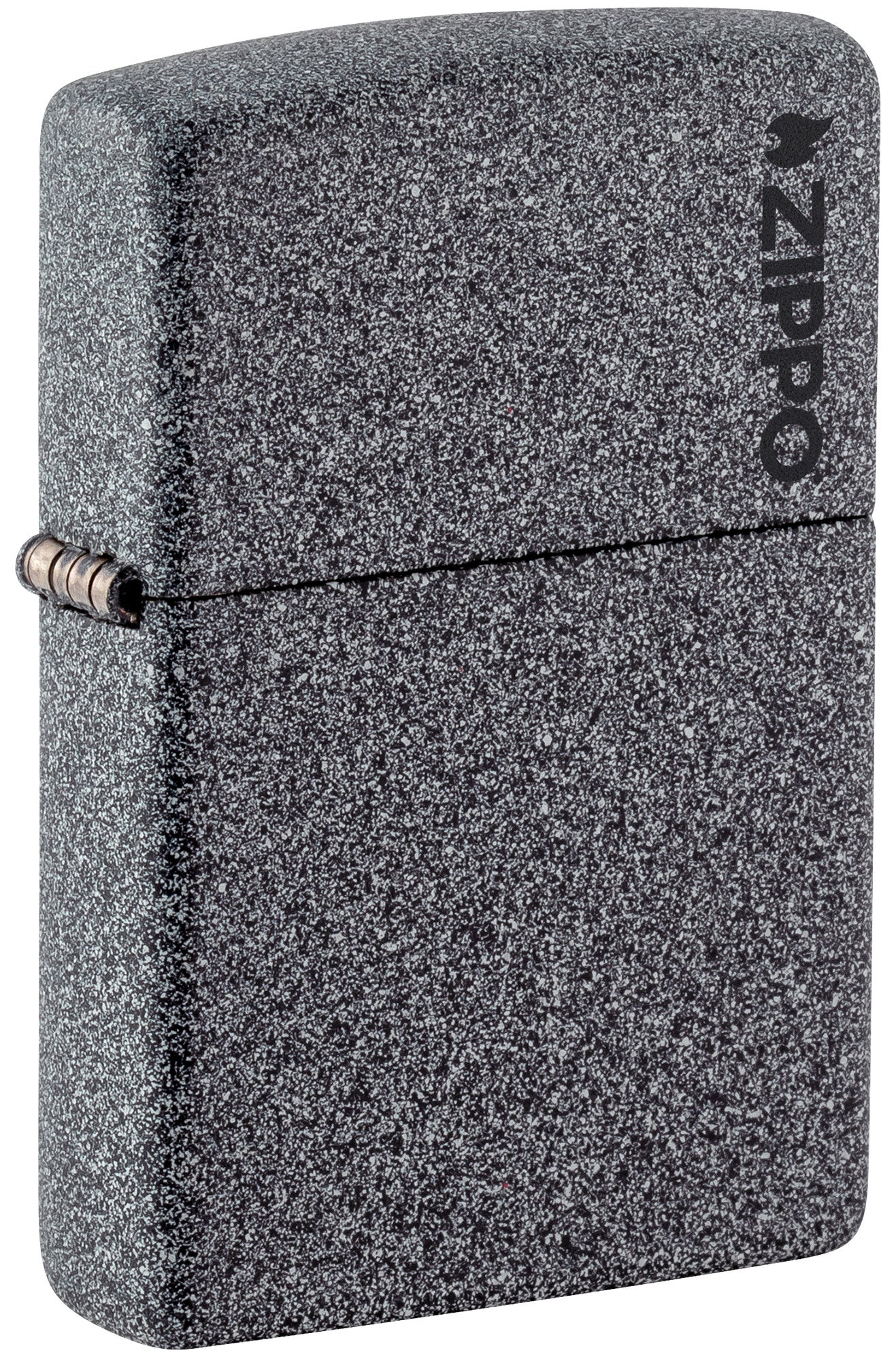 Front shot of Zippo Classic Iron Stone Zippo Logo Windproof Lighter standing at a 3/4 angle.