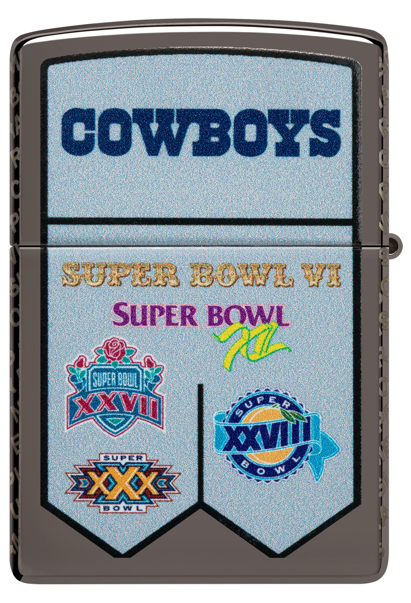 Back view of Zippo NFL Dallas Cowboys Super Bowl Commemorative Armor Black Ice Windproof Lighter.