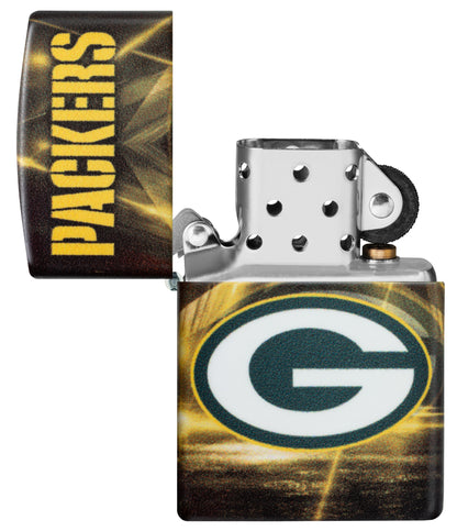 Zippo NFL Green Bay Packers 540 Matte Windproof Lighter with its lid open and unlit.