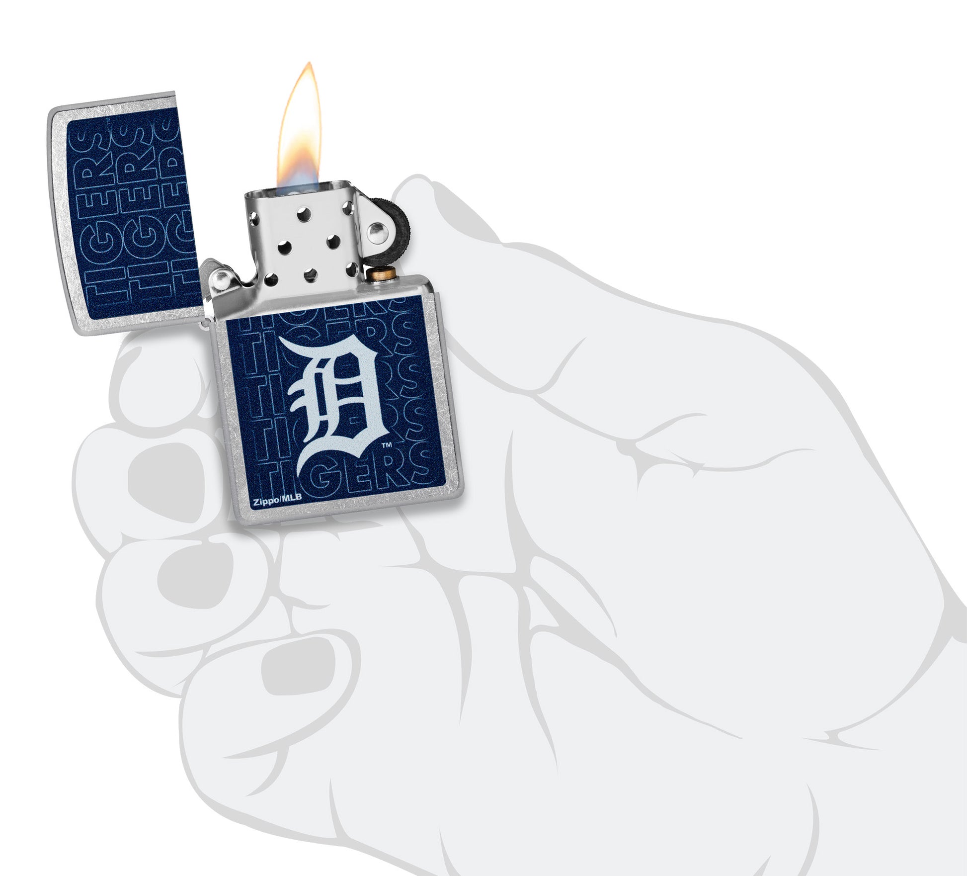 Zippo MLB® Detroit Tigers Street Chrome Windproof Lighter lit in hand.