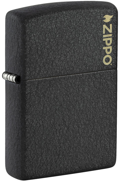 Front shot of Zippo Classic Black Crackle® Zippo Logo Windproof Lighter standing at a 3/4 angle.