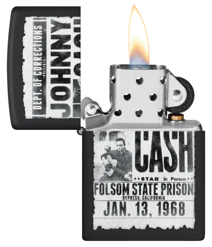 Zippo Johnny Cash Folsom State Prison Poster Design Black Matte Windproof Lighter with its lid open and lit.