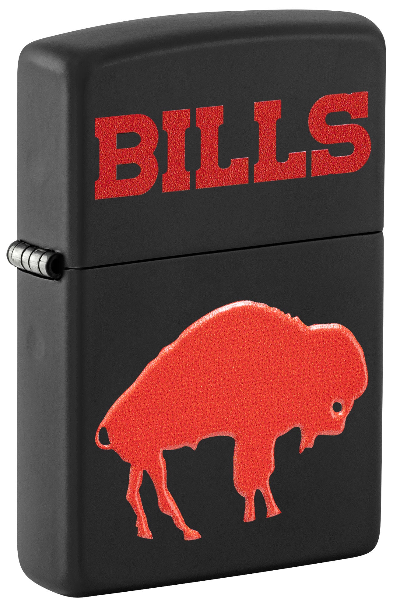 Front shot of Zippo 2024 NFL Buffalo Bills Exclusive Black Matte Windproof Lighter standing at a 3/4 angle.