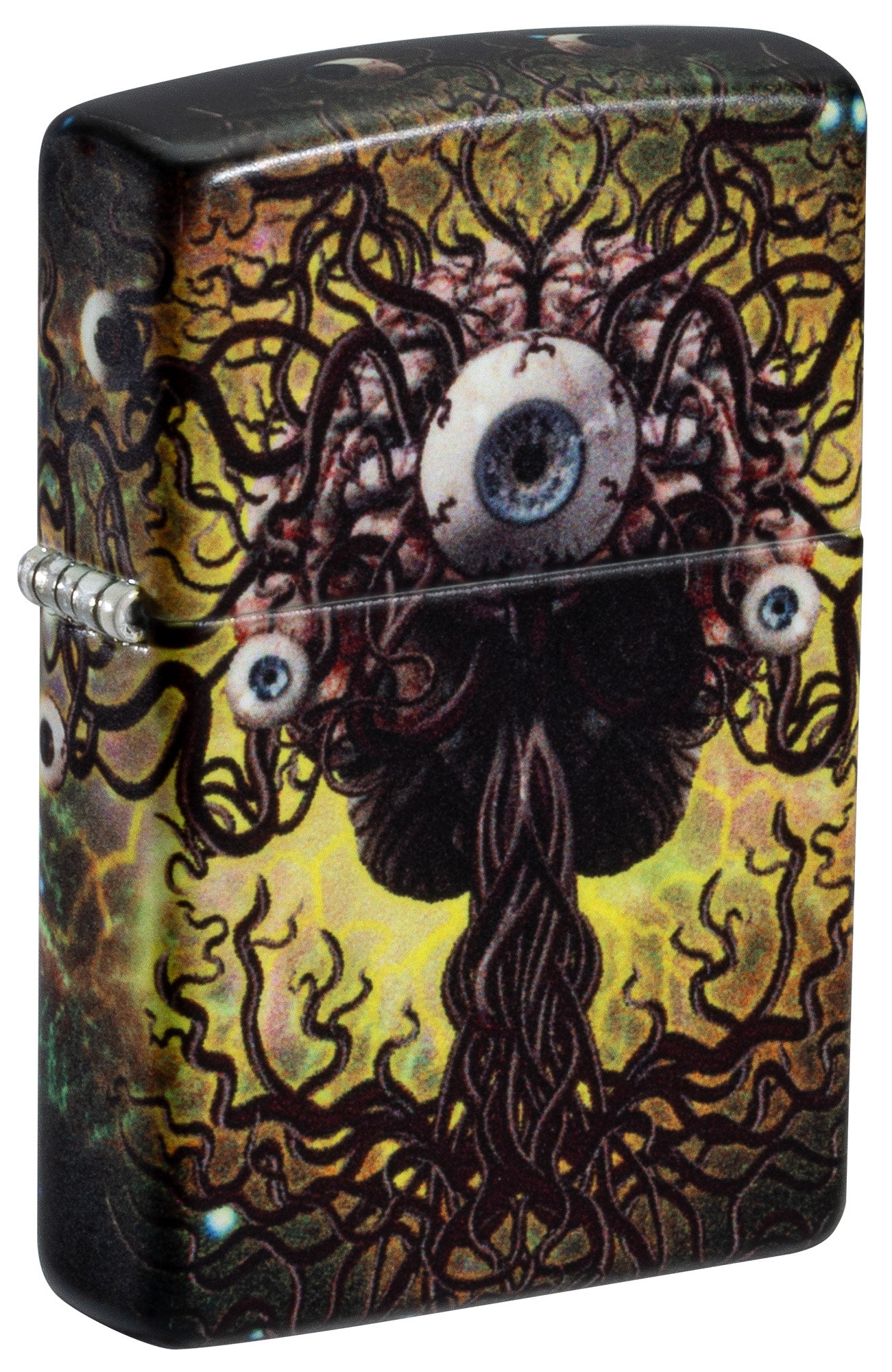 Front shot of Zippo Evil Eye Design 540 Glow in the Dark Windproof Lighter standing at a 3/4 angle.