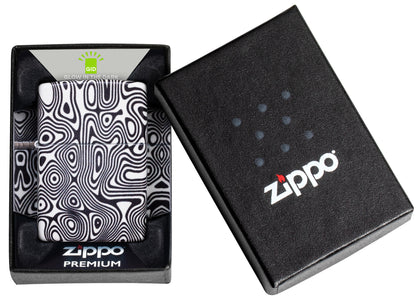 Zippo Glowing Swirls Design 540 Color Glow in the Dark Windproof Lighter in its packaging.