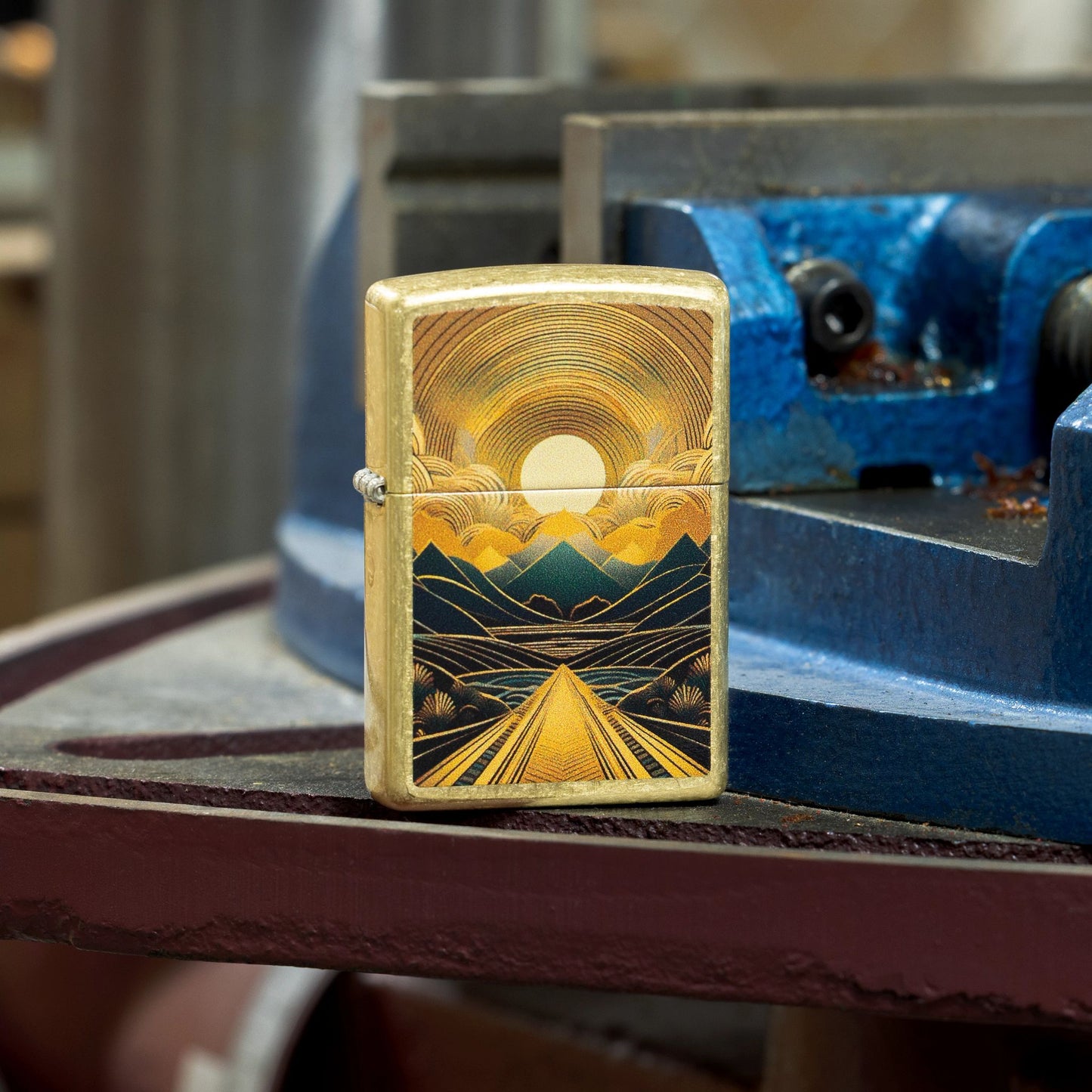 Lifestyle image of Zippo Through the Mountains Design Windproof Lighter standing on a workbench in front of a vise grip, showing the front of the lighter. 

