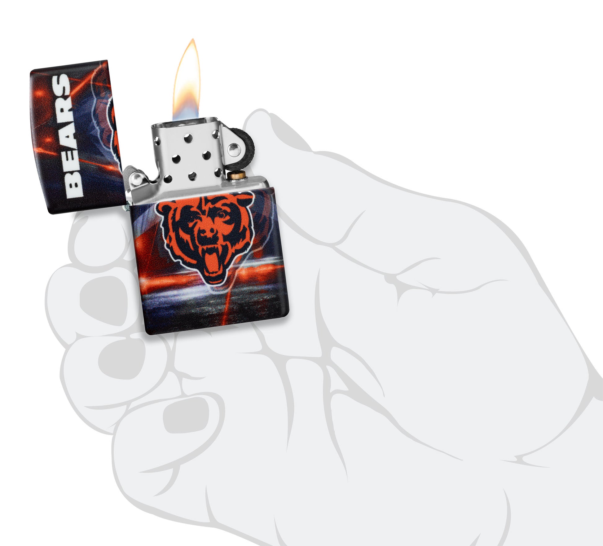 Zippo NFL Chicago Bears 540 Matte Windproof Lighter lit in hand.