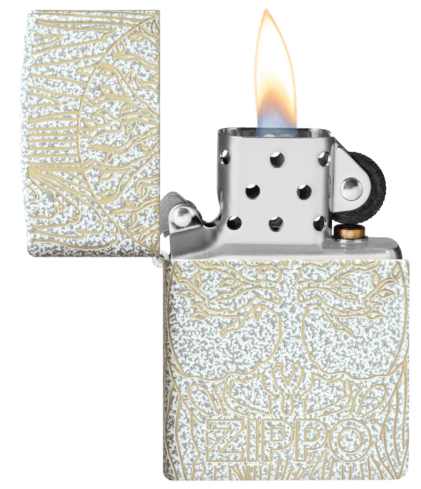 Zippo Tree of Life Woodgrain Design Glacier Windproof Lighter with its lid open and lit.