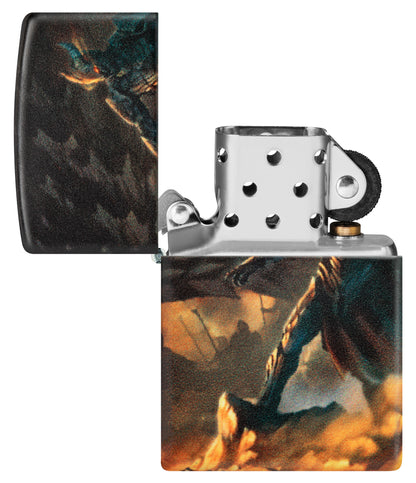 Zippo Knight and Dragon Design 540 Matte Windproof Lighter with its lid open and unlit.