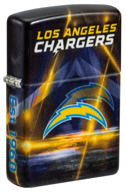 Front shot of Zippo NFL Los Angeles Chargers 540 Matte Windproof Lighter standing at a 3/4 angle.