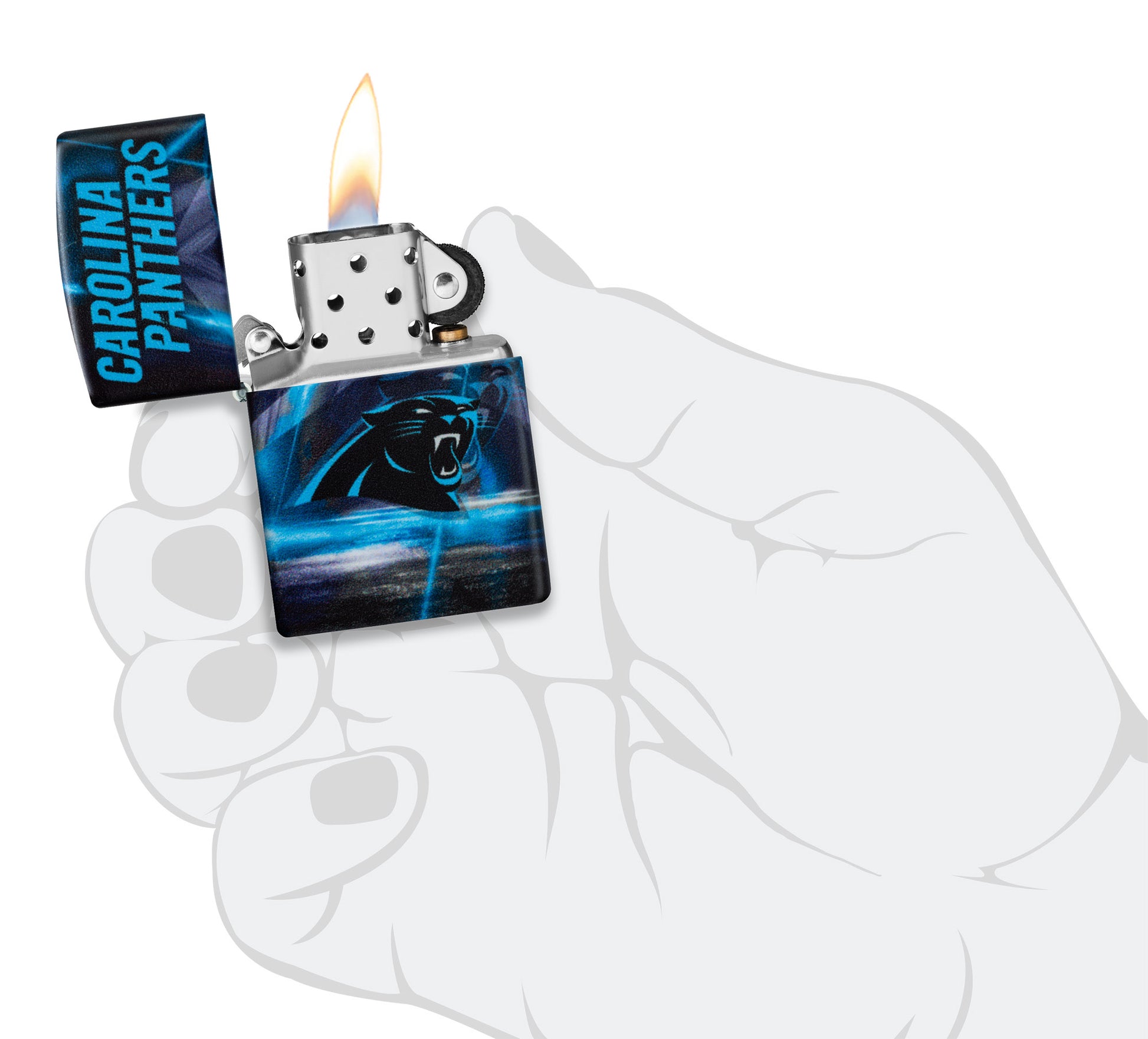 Zippo NFL Carolina Panthers 540 Matte Windproof Lighter lit in hand.