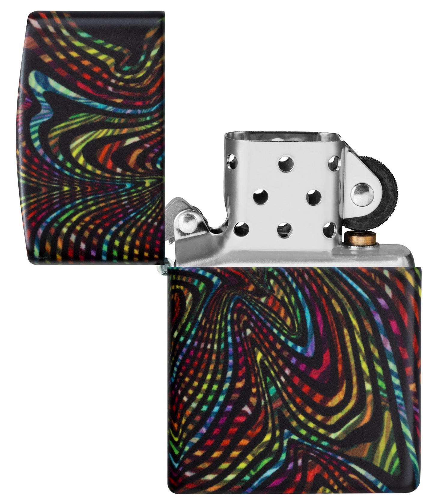 Zippo Glowing Illusion Design Glow in the Dark Windproof Lighter with its lid open and unlit.