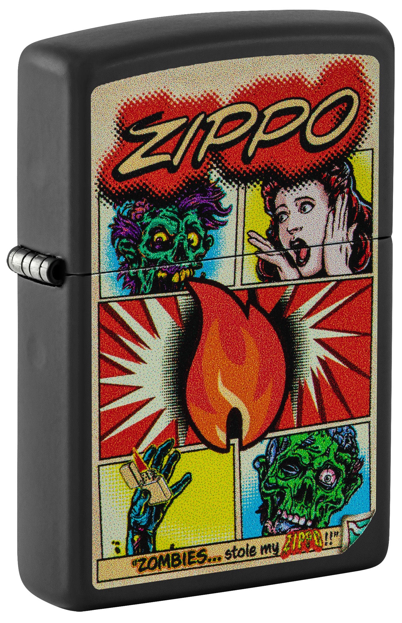 Front shot of Zippo Comic Zombies Design Black Matte Windproof Lighter standing at a 3/4 angle.