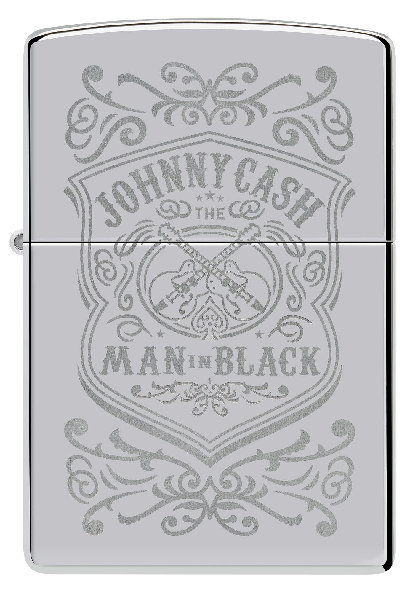 Front view of Zippo Johnny Cash High Polish Chrome Windproof Lighter.