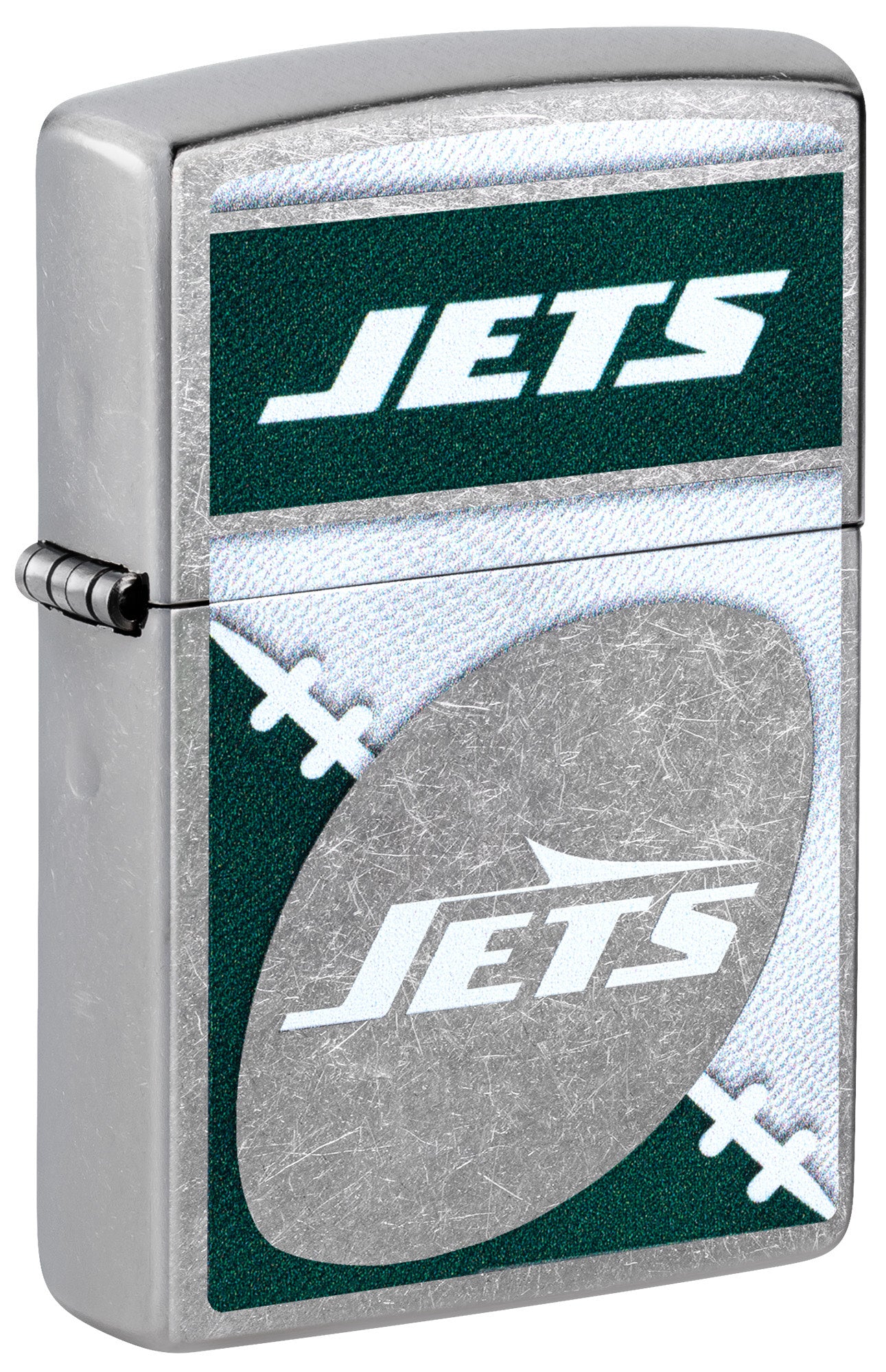 Front shot of Zippo NFL New York Jets Street Chrome Windproof Lighter standing at a 3/4 angle.