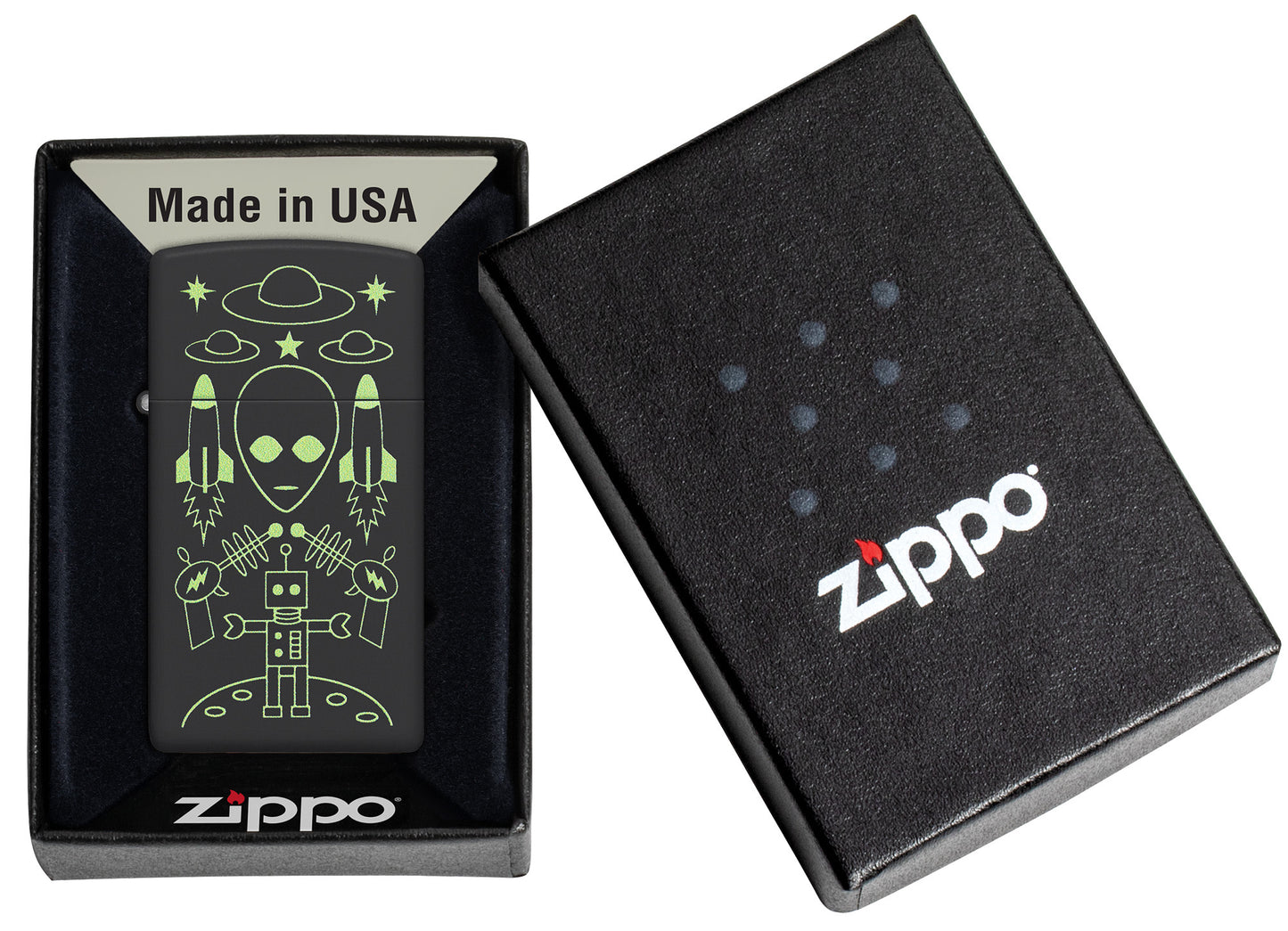 Zippo Alien Invasion Design Slim® Black Matte Windproof Lighter in its packaging.