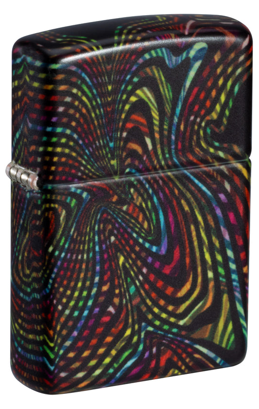 Front shot of Zippo Glowing Illusion Design Glow in the Dark Windproof Lighter standing at a 3/4 angle.