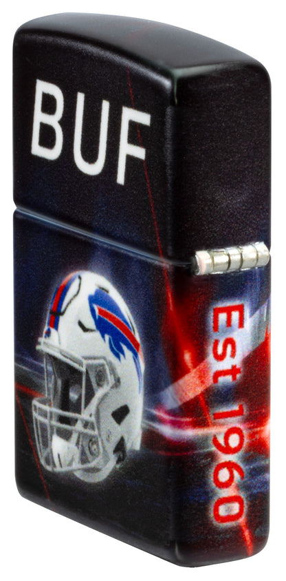 Angled shot of Zippo NFL Buffalo Bills 540 Matte Windproof Lighter showing the back and hinge sides of the lighter.