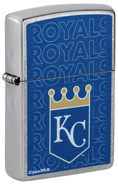 Front shot of Zippo MLB® Kansas City Royals Street Chrome Windproof Lighter standing at a 3/4 angle.