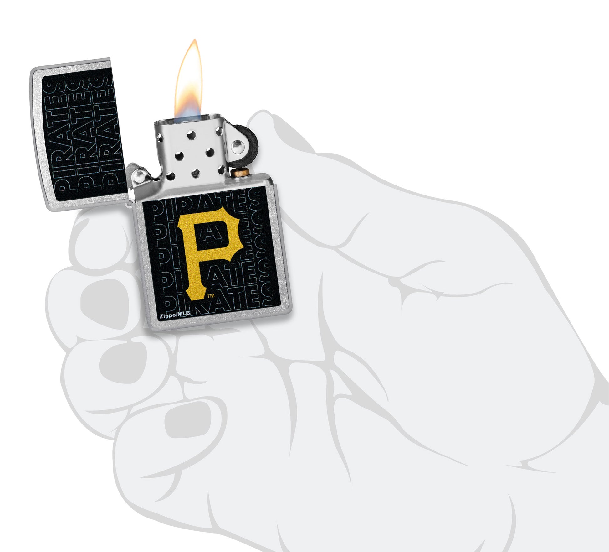 Zippo MLB® Pittsburgh Pirates Street Chrome Windproof Lighter lit in hand.