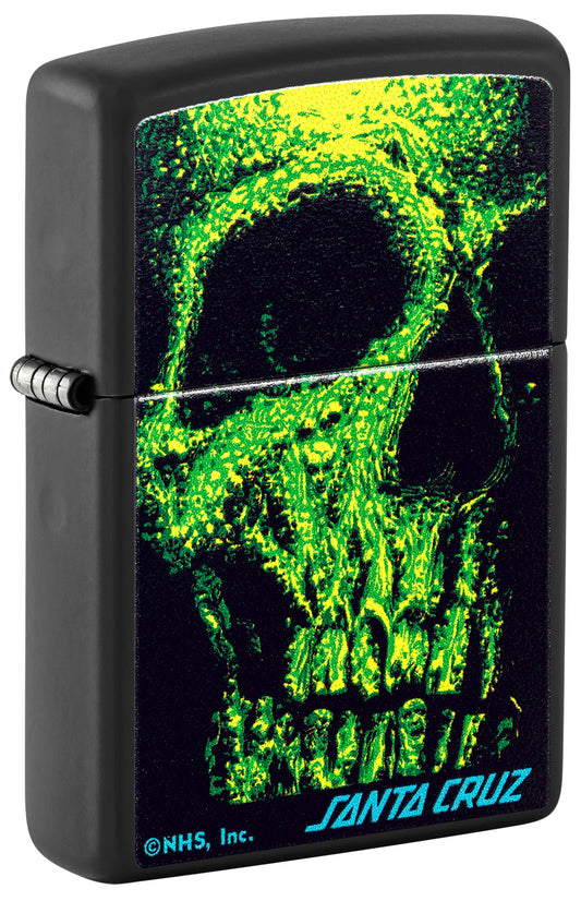 Front shot of Zippo Santa Cruz Skull Design Black Matte Windproof Lighter standing at a 3/4 angle.