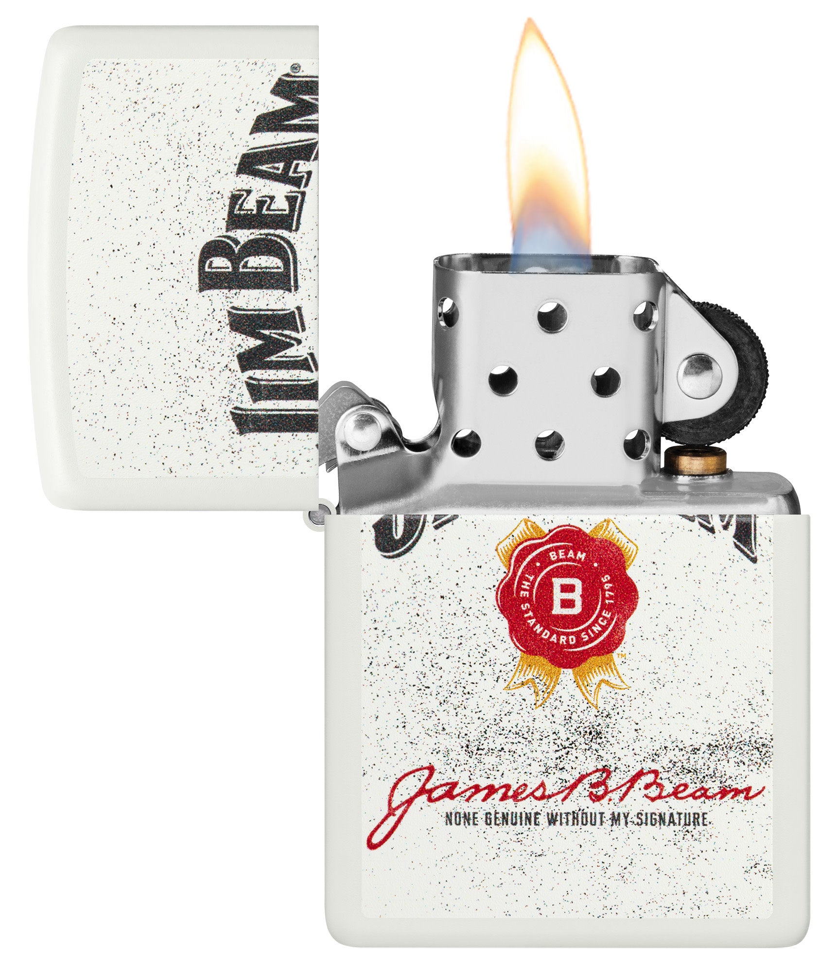 Zippo Jim Beam® Rosette Design White Matte Windproof Lighter with its lid open and lit.